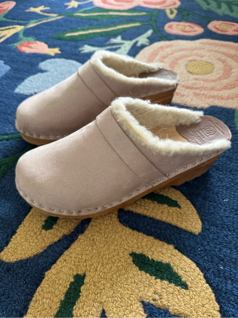 Troentorp Beige Suede Clog with Wool Shearling Lining | Size EU 38 US 8